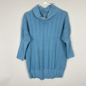 Chico's Top Sweater Womens Size 2 or Large Blue Open Knit Cowl Neck Cotton Blend
